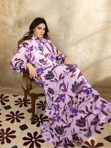 Faeriesty Women's Elegant Chiffon Floral Long Bishop Sleeve Maxi Dress With Stand Collar And Belted Flared Hem, Romantic Glamorous Gown - Baby Pink - View 8