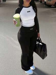 2pcs Women Casual Contrast Color Sports Pants + Leggings Set, Suitable For Daily Wear And Home, Autumn/Winter Black Spring - Hồng 2 - Xem 7