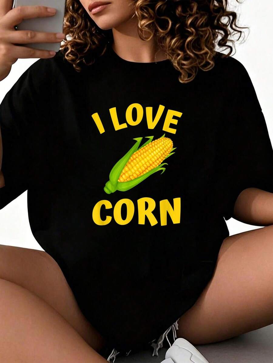 Camiseta de cultivo de maíz con orejas de maíz divertidas I Love Corn 2026, nuevas camisetas impresas para mujeres, estilos populares, camisetas de primavera para mujeres, camisetas de invierno, camisetas de para mujeresás vendidas - Negro - Ver 1