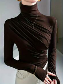 Jersey de cuello alto para mujer, estilo 2025 - Blusa básica de manga larga versátil - Jersey de punto de ajuste ceñido - Café integral - Ver 1