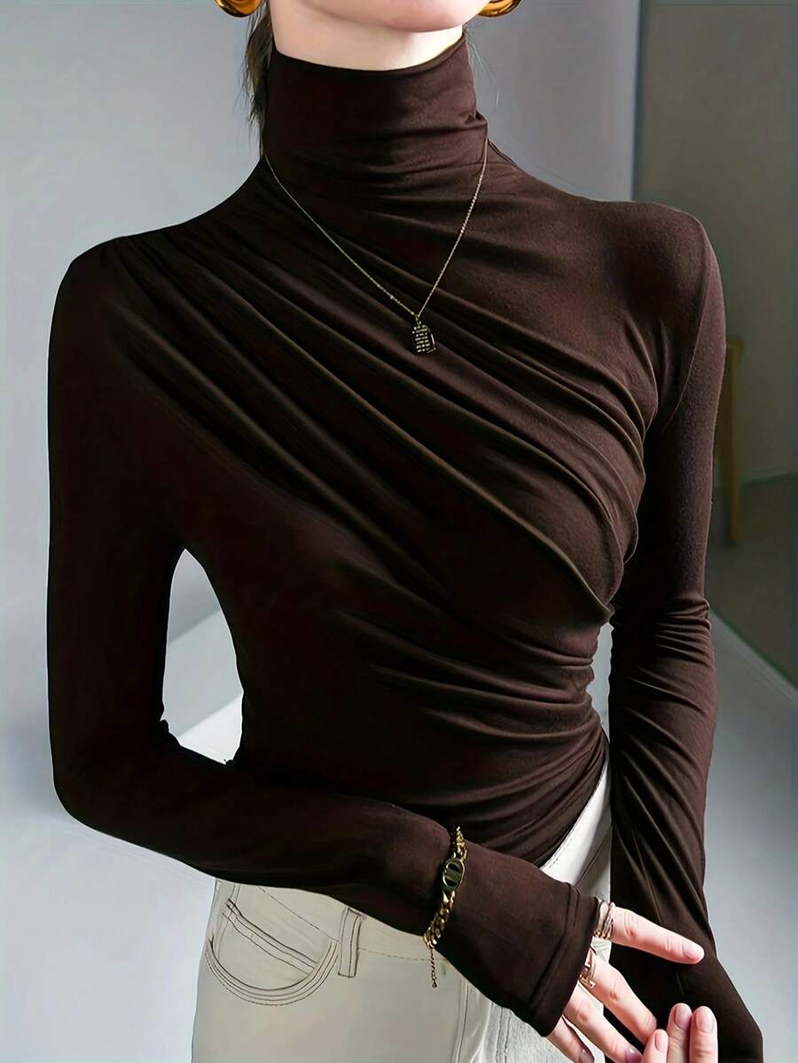 Jersey de cuello alto para mujer, estilo 2025 - Blusa básica de manga larga versátil - Jersey de punto de ajuste ceñido - Café integral - Ver 1