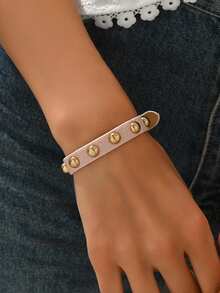 1件装女士朋克铆钉PU圆铆钉摩托车哥特Y2K可调节手链，适合日常佩戴 - 粉色 - 查看 3