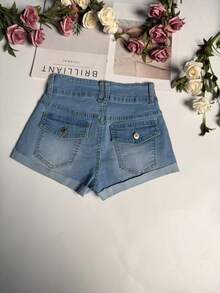 女士水洗黑色牛仔迷你短裤，直筒裤型，前拉链设计，侧边口袋方便实用，休闲风格 - 藍色 - 查看 7