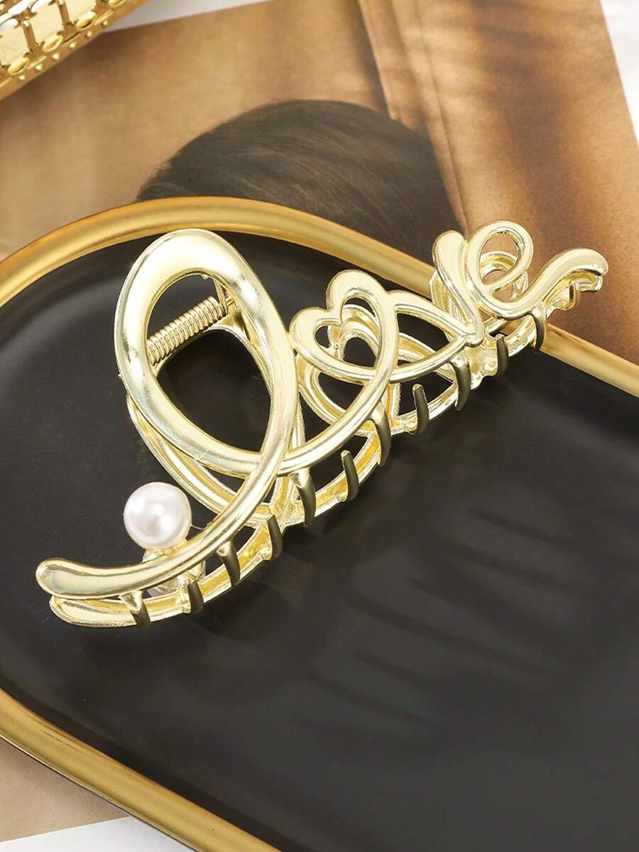 1Pc Heart-Shaped Hollow Hair Claw With Pearl And "Love" Letter Accents​, A Chic, Minimalist And Elegant Hair Accessory Perfect For Valentine's Day, Daily Wear, Parties, And New Year Celebrations - Multicolor - View 1