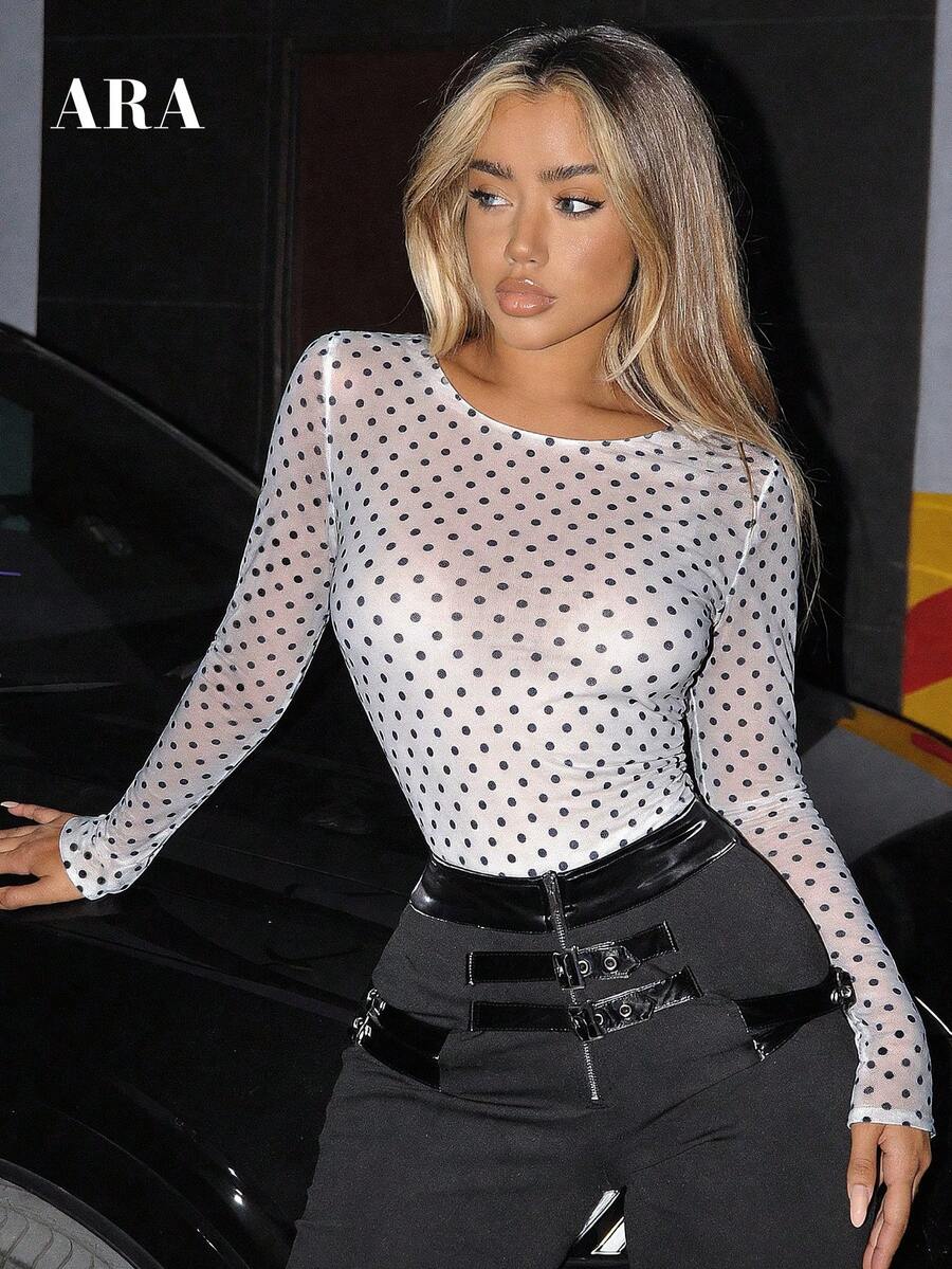 ARA CHIC Women's Black & White Polka Dot Blouse, Casual Comfortable Long Sleeve T-Shirt Layering, Beach Wear, 2026 Spring New Arrival - Black and White - View 1