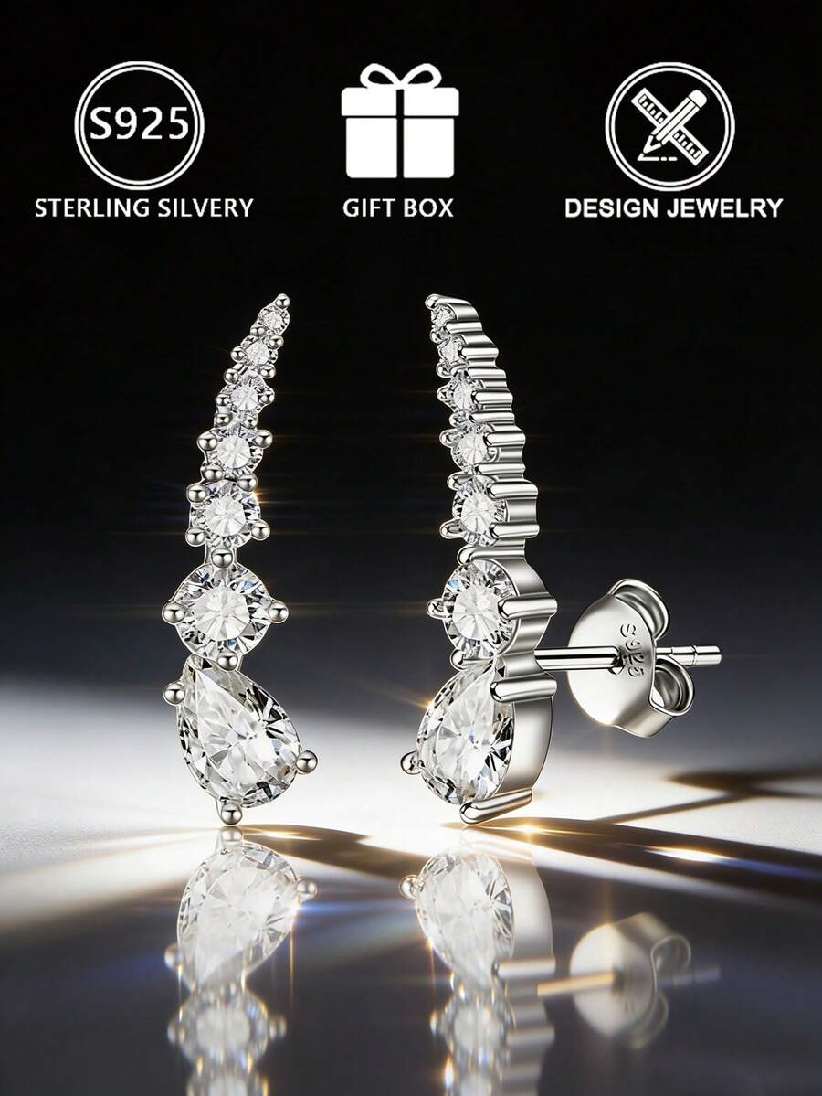 1件925纯银女士渐变立方氧化锆水滴形弧形耳钉（闪耀弧影系列），礼盒包装，适合日常佩戴和送礼 - 銀色 - 查看 1