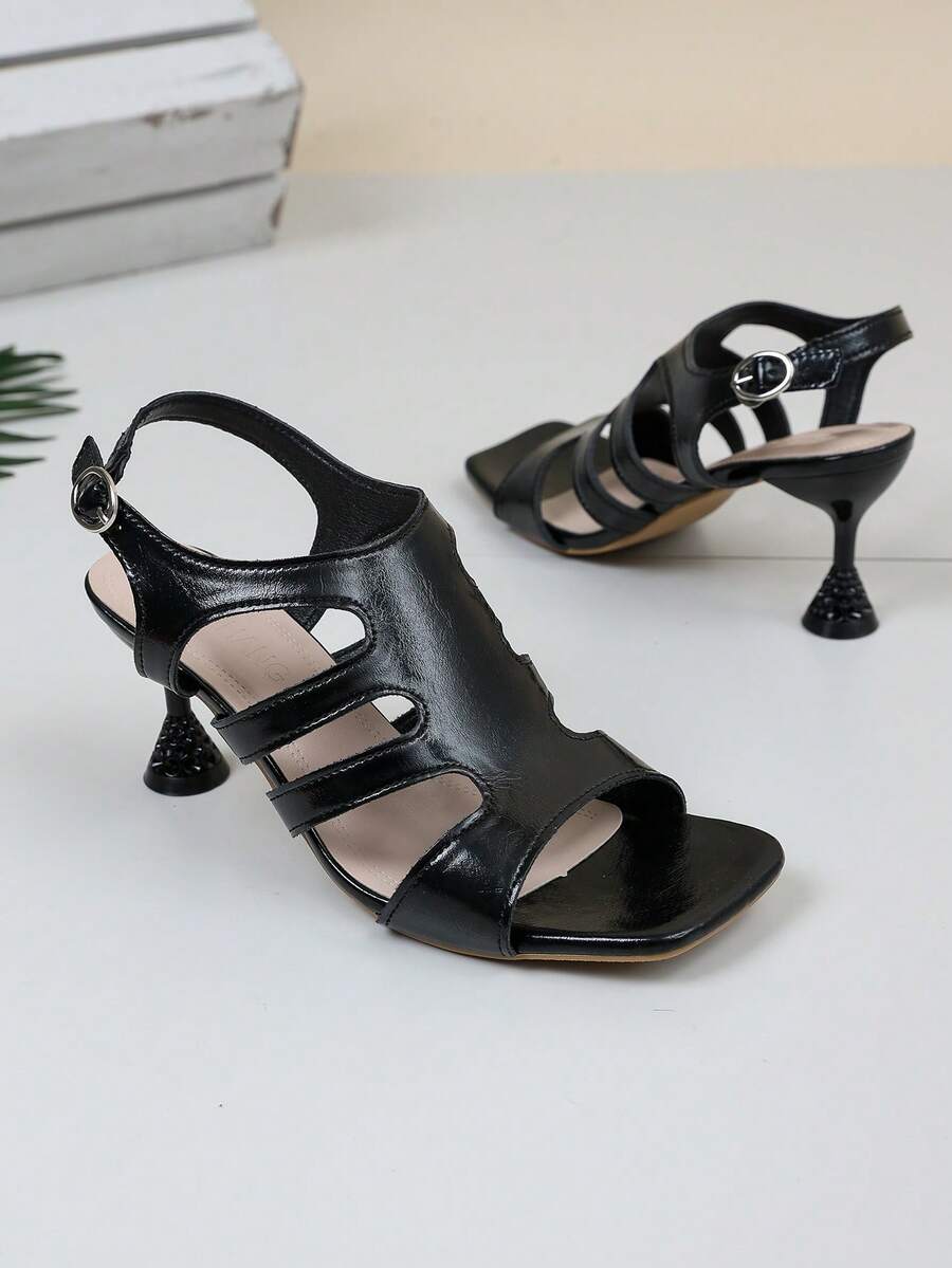 Chunky Heel Party Sandals | Black Square Toe Metal Buckle Shoes - Black - View 1