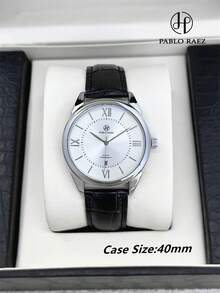 Đồng hồ Pablo Raez 1 chiếc, kiểu dáng đơn giản, đồng hồ đeo tay doanh nhân chính hãng dành cho quý ông, thép không gỉ, màu bạc sang trọng không gỉ, dây da microfiber đen mềm mại và thoải mái, thiết kế vạch chỉ giờ La Mã thời trang, hiển thị ngày, chống nước 50M, thương hiệu nổi tiếng. - Bạc - Xem 4