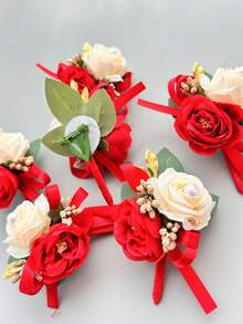 1pc/6pcs Artificial Silk Rose Flower Groom Boutonniere Man Brother Corsage Graduate Pin Suit Wedding Flowers Party Deocration - Red - View 4