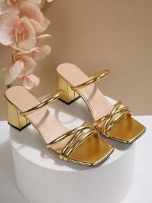 Giày sandal quai mảnh kiểu Pháp cổ điển dành cho nữ, sandal quai ngang gót chunky thanh lịch mới cho mùa hè. - Vàng - Xem 4