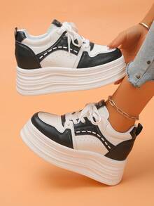 女士厚底运动鞋，纯色休闲户外系带厚底时尚百搭休闲鞋，增高鞋 - 黑與白 - 查看 6