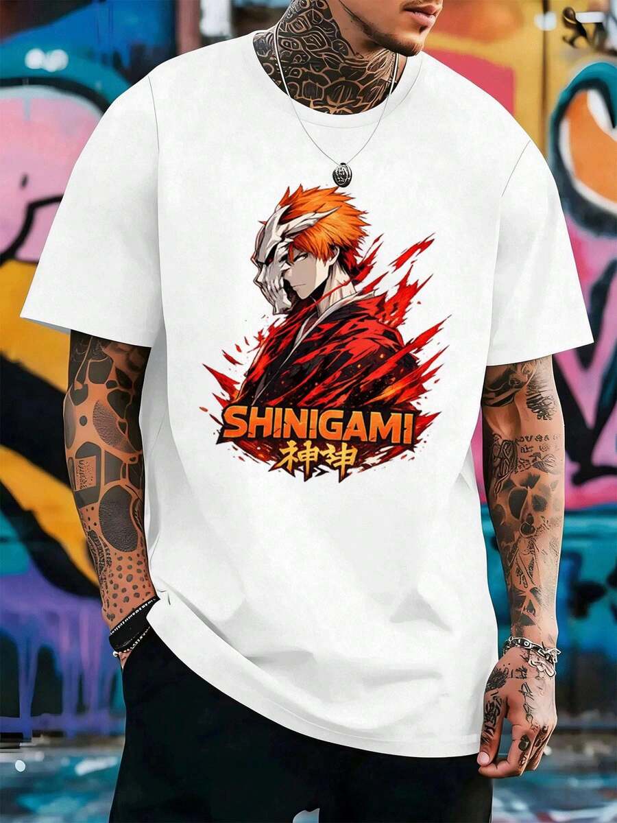 Shinigami Anime Graphic Print T-Shirt, High Quality Fabric, Round Neck, Comfortable Fit, Art Print - 白色 - 查看 1