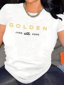 Women Elegant Golden Print T-Shirt Stretch Casual Street Style All-Season Comfort Fit Ladies T Shirts - White - View 2