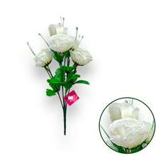 Ramo de Rosas Artificiales de Seda (5 Cabezales) 33cm - Bouquet Decorativo Con Follaje - Blanco - Ver 2