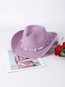 1pc Solid Color Bohemian Casual Straw Gem Cowboy Hat, Beach Vacation Sun Protection Straw Hat, Unisex Versatile For Commuting, All Seasons - C - View 24
