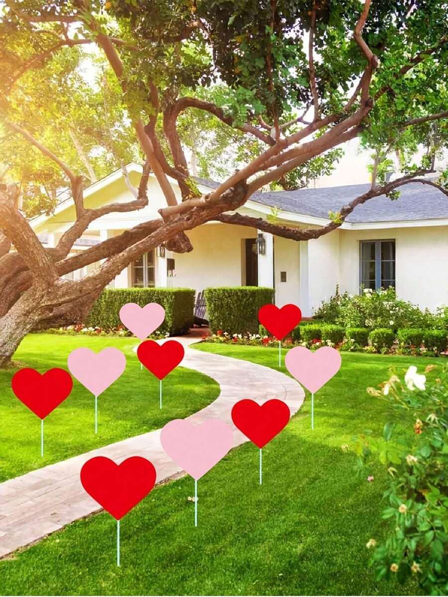 6pcs/1pc Heart-Shaped Plastic Decorations, Modern Garden Decor, Freestanding, Battery-Free, Suitable For Weddings And Outdoor Events - Multicolor - View 1