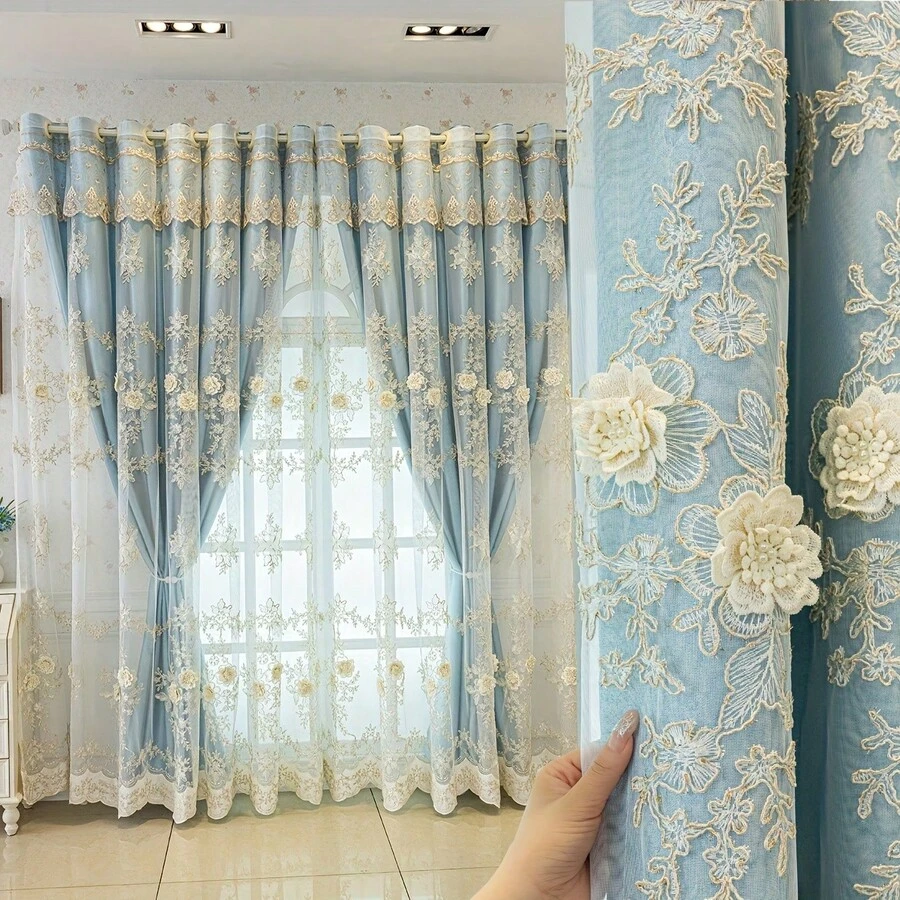 1件新款双层窗帘面料，采用3D刺绣珍珠薄纱，加厚全遮光刺绣现代北欧风格窗帘，适用于客厅、卧室、飘窗，遮光、隔热、隔音、防尘，带孔眼 - 藍色 - 查看 1