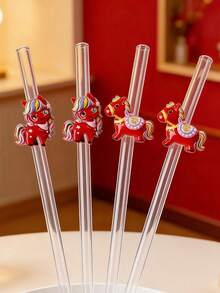 1/3PCS Valentine's Day Cute Pony Glass Straws – Reusable Straight Straw Set For Milk Tea, Juice & Cocktails | Sweet Party & 520 Gift, Adorable Home & Dining Accessory | Creative Memorable Gift For Couples - Clear - View 1