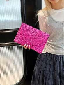 Yogodlns 时尚沙滩包 女士夏季沙滩包 信封编织手拿包 纯色大容量收纳包 玉米皮草手提包 时尚玉米皮草包 手工编织女士手拿包 信封手提包 长款女士夏季沙滩包 - 彩色 - 查看 2