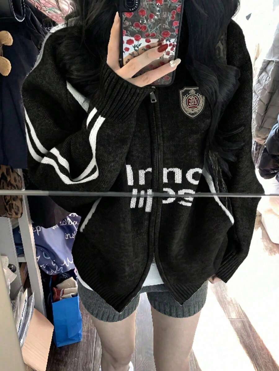 Áo khoác cardigan nữ cổ bẻ có khóa kéo, áo khoác dệt kim dáng rộng kiểu Hàn Quốc mùa thu mới, màu đen.