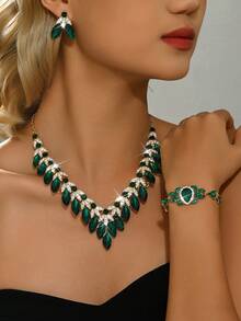 Bộ trang sức hợp kim kẽm tối giản, cách điệu phong cách Âu Mỹ (4/5 món/set) đính pha lê, dây chuyền nữ, phụ kiện váy dạ hội, váy cưới. - màu xanh lá - Xem 14