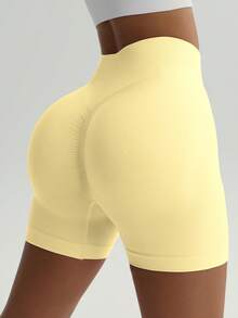 女士无缝弹力提拉塑形瑜伽健身跑步短裤，春夏款 - 黃色 - 查看 6