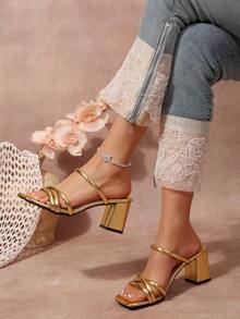 Giày sandal quai mảnh kiểu Pháp cổ điển dành cho nữ, sandal quai ngang gót chunky thanh lịch mới cho mùa hè. - Vàng - Xem 7