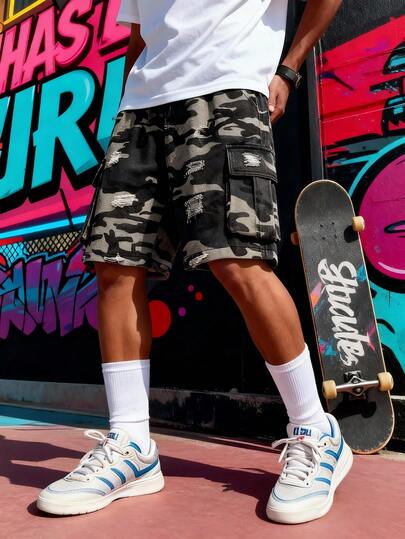 Tween BoyCasual Fashionable Summer Camouflage Distressed Cargo Shorts, Frayed Hem Multi-Pocket Loose Fit Bermuda Shorts