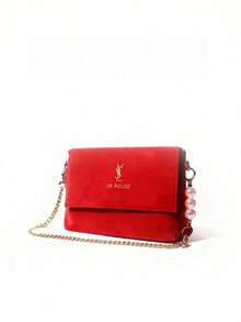 Yves Saint Laurent YSL 红色圣诞手提包，单肩斜挎包，金色 Logo 翻盖奢华节日化妆包，女士圣诞礼物 - 紅色 - 查看 1
