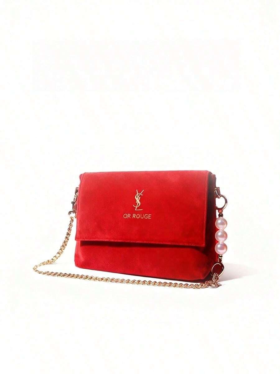 Yves Saint Laurent YSL 红色圣诞手提包，单肩斜挎包，金色 Logo 翻盖奢华节日化妆包，女士圣诞礼物 - 紅色 - 查看 1