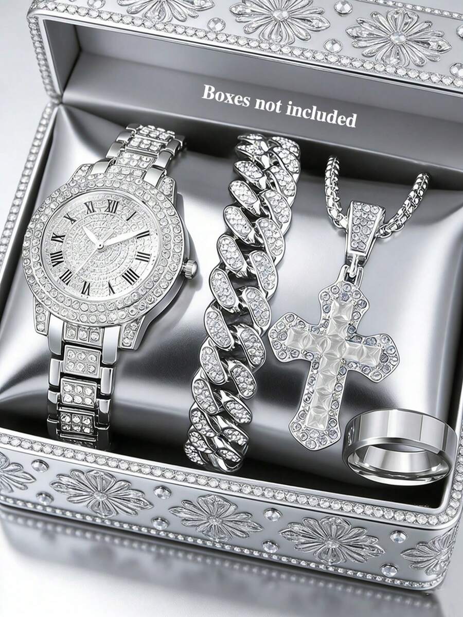 4PCS Round Silver Roman Quartz Watch With Cuban Bracelet Necklace Ring, Birthday Gift, Daily Versatile - Silver - View 1