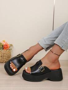 女士时尚坡跟拖鞋，复古软皮黑色凉鞋，新款法式粗跟凉拖，沙滩鞋 - 黑色 - 查看 5