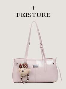 1pc Solid Color PU Fabric Pink Underarm Bag, Large Capacity Women's Commuter Bag, With Pendant, Suitable For Girls, Ladies, College Students, Career Starters, And Office Workers, Great For Work, Business, Commuting, And School - Pink - View 9