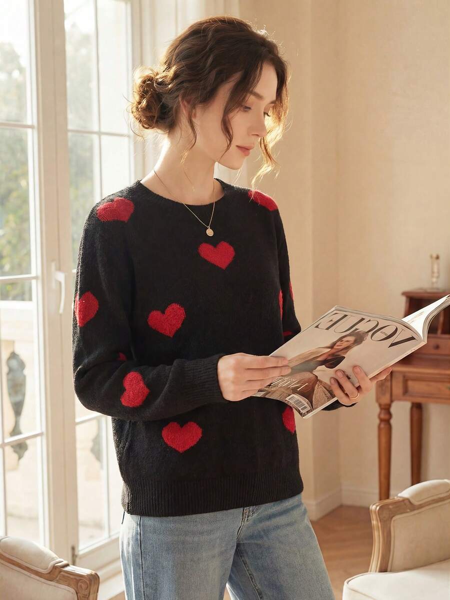 Knit Mix Suéter elegante con patrón de corazón tejido, cuello redondo de manga larga para mujer, corte holgado casual, adecuado para el Día de San Valentín, otoño/invierno - Negro - Ver 1