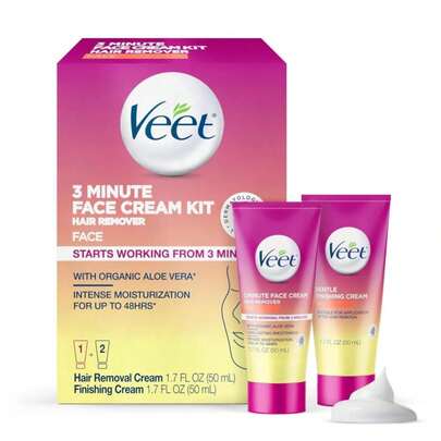 Crema depilatoria facial de Veet para mujeres, de 3 minutos, con aloe vera orgánico, kit de 2 piezas para eliminación del vello facial de mujeres, 1.7 fl oz crema depilatoria + 1.7 fl oz crema finalizadora