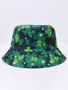 1pc Four-Leaf/Three-Leaf Clover Casual Party Cute Street Polyester UV Protection Reversible Bucket Hat, Suitable For Spring, Summer, Autumn, St. Patrick's Day, Unisex Lucky Clover Print Sun Hat