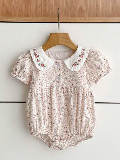 Áo liền thân cho bé gái, cổ Peter Pan dễ thương, thêu hoa, kiểu công chúa thời trang.