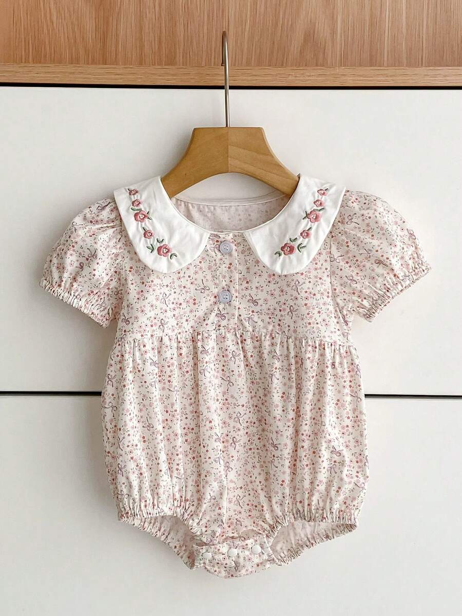 Áo liền thân cho bé gái, cổ Peter Pan dễ thương, thêu hoa, kiểu công chúa thời trang.