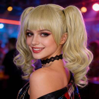 Stylish Women's Lolita Style Short Straight Blonde Bob Wig With Bangs And Dual Curly Clip On Ponytails Extensions For Holiday Party Costume Princess Wigs, Medium Length Heat Resistant Synthetic Fiber Hair With Double Ponytail For Christmas Festival Comic Con Outfit Movie Music Anime Cosplay Wig Gift For Her, Fluffy And Natural Looking, Beginner Friendly