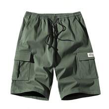 男士工装短裤，多口袋抽绳腰带休闲及膝裤，百搭 - 軍綠色 - 查看 2