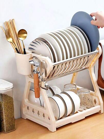多層式食器乾燥ラック、ボウル、食器、キッチン用品の乾燥に、二段式食器収納ラック、キャビネット収納ラック、皿、ボウル、カップ、鍋のふた、まな板を収納可能、シンプルカラーのキッチン食器乾燥ラック、必需品のキッチンアイテム