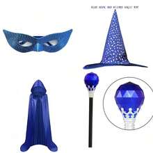 4pcs Blue Star & Moon Wizard Hat, Star Magic Girl Witch Hat, Witch Pointed Hat, Witch Hat Headpiece, Blue Mask, Blue Wand, Blue Cape