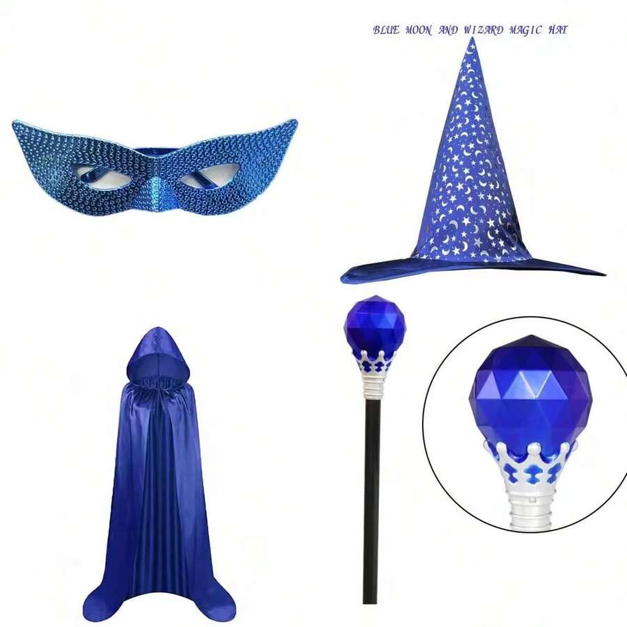 4pcs Blue Star & Moon Wizard Hat, Star Magic Girl Witch Hat, Witch Pointed Hat, Witch Hat Headpiece, Blue Mask, Blue Wand, Blue Cape