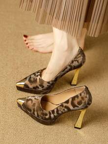 Women's Fashion Shoes, New Spring/Autumn European And American Style Party Shoes, Thick Bottom Metallic Pointed Toe Leopard Print Super High Heel Slip-On Pumps, Suitable For Casual, Holiday, Party, Date - Brown - View 9