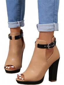 ZDLJYL Women's Open Peep Toe Booties Cutout Side Strap Mid Black Chunky Heel Fashion Ankle Bootie Summer Travel Heeled Sandals For Women - 棕色 - 查看 2