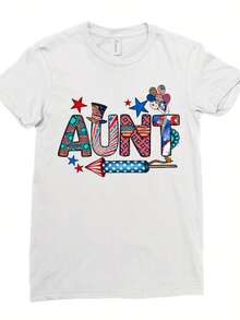 Women Unisex Patriotic Aunt Graphic T-Shirt 4th Of July Flag Design With Fireworks Stars Soft Breathable Lightweight Crew Neck Short Sleeve Red Casual Comfort Fit Machine Washable Aunt Gift For Independence Day Celebrations - White - View 2