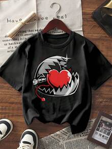 Maglietta grafica a maniche corte da donna per l'estate, casual e ampia, nera, con stampa di cuore meccanico e casco, moda streetwear adatta per uso quotidiano e vacanze - nero - Visualizzare 1