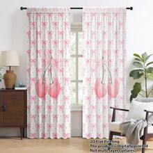 2pcs Watercolor Pink Cherry + Pink Bow Decor Curtain, Sweet Cherry Blossom & Bow Theme, Polyester Fabric, Suitable For Rental House, Living Room, Bedroom, Removable & Washable - Multicolor - View 5