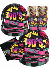 50 piezas/Set Suministros para fiesta con estilo retro de los 90 - Platos, vasos, servilletas desechables de papel con patrones nostálgicos y colores neón, vajilla perfecta para fiestas con tema de los 90, celebración de cumpleaños retro, eventos nostálgicos, decoración "estilo de los 90", incluye cinta de casete y mando de videojuego, artículos y esenciales para la fiesta - Multicolor - Ver 1