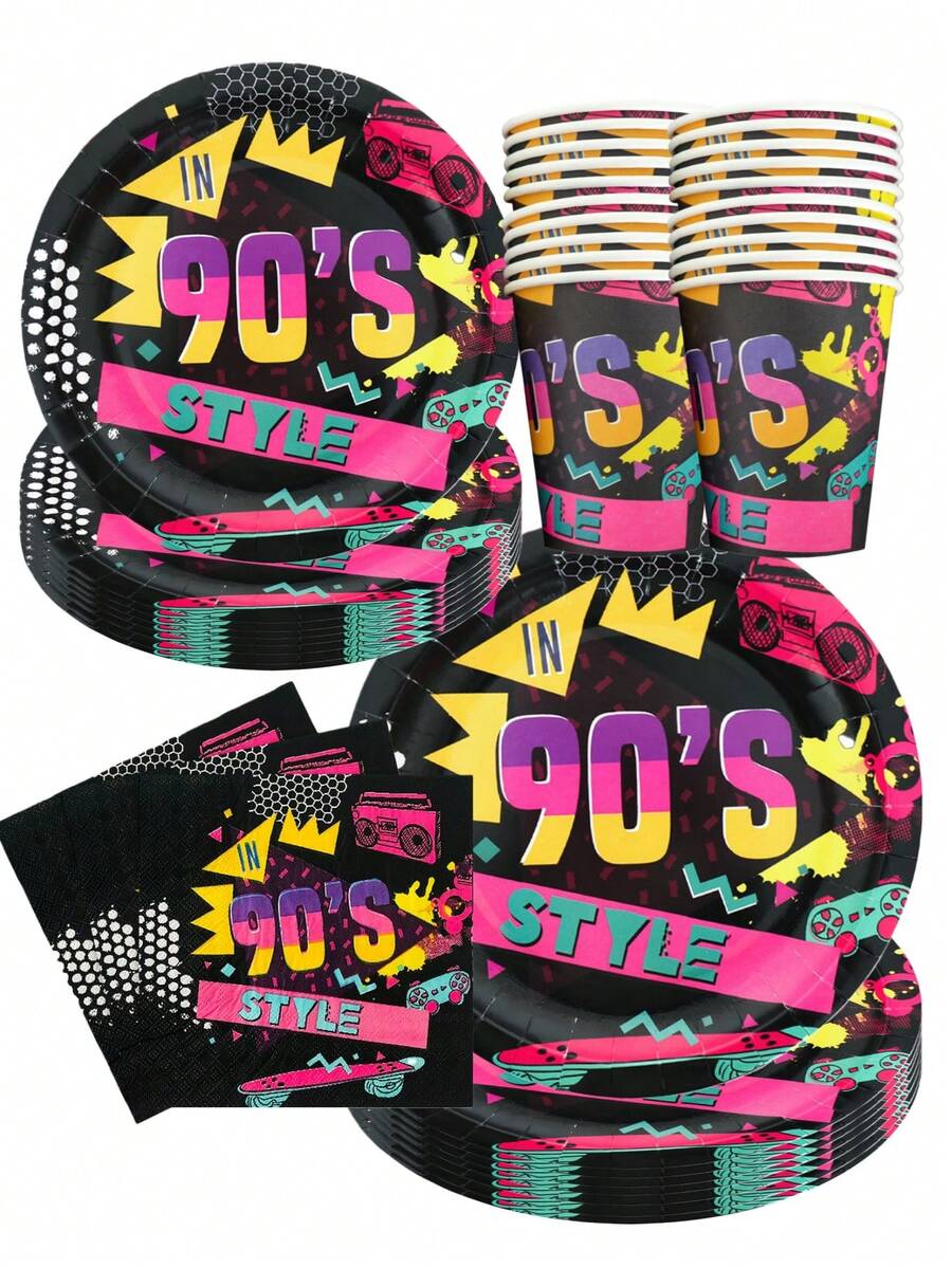 50 piezas/Set Suministros para fiesta con estilo retro de los 90 - Platos, vasos, servilletas desechables de papel con patrones nostálgicos y colores neón, vajilla perfecta para fiestas con tema de los 90, celebración de cumpleaños retro, eventos nostálgicos, decoración "estilo de los 90", incluye cinta de casete y mando de videojuego, artículos y esenciales para la fiesta - Multicolor - Ver 1